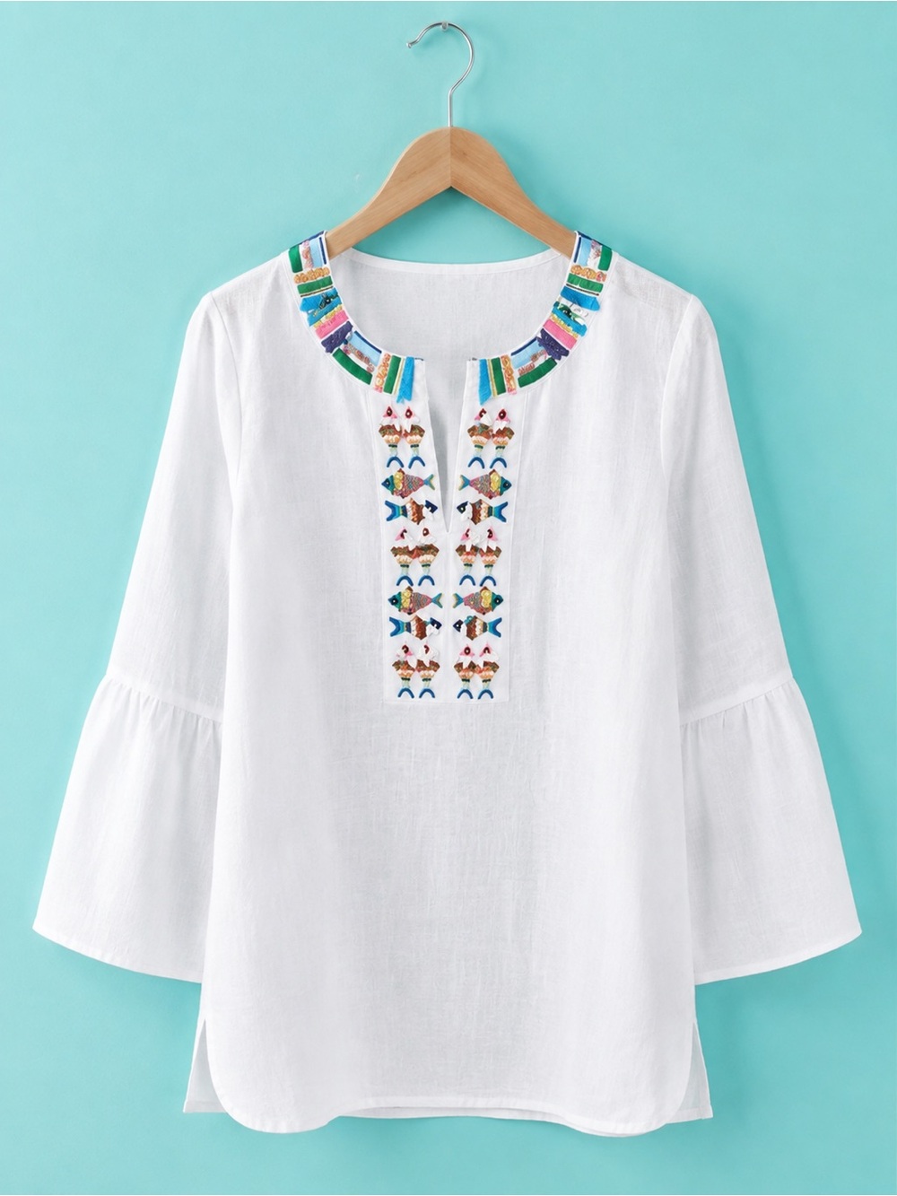 NWOT Talbots 100% Linen Tunic Top L White Embroidered beaded 3/4 bell sleeves